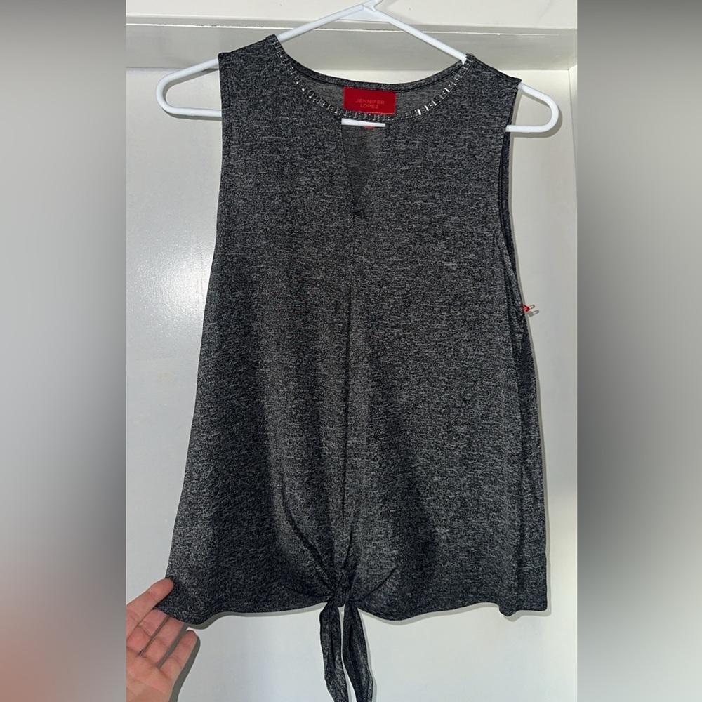 BNWT blackish silver tank top ties at front bottom beading around neckline